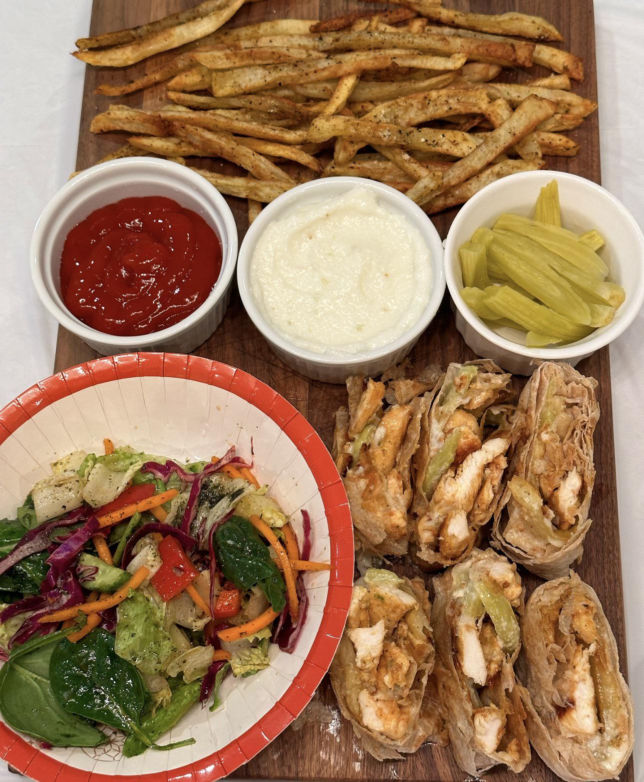 I made chicken shawarma bites with markouk bread, air fried potatoes