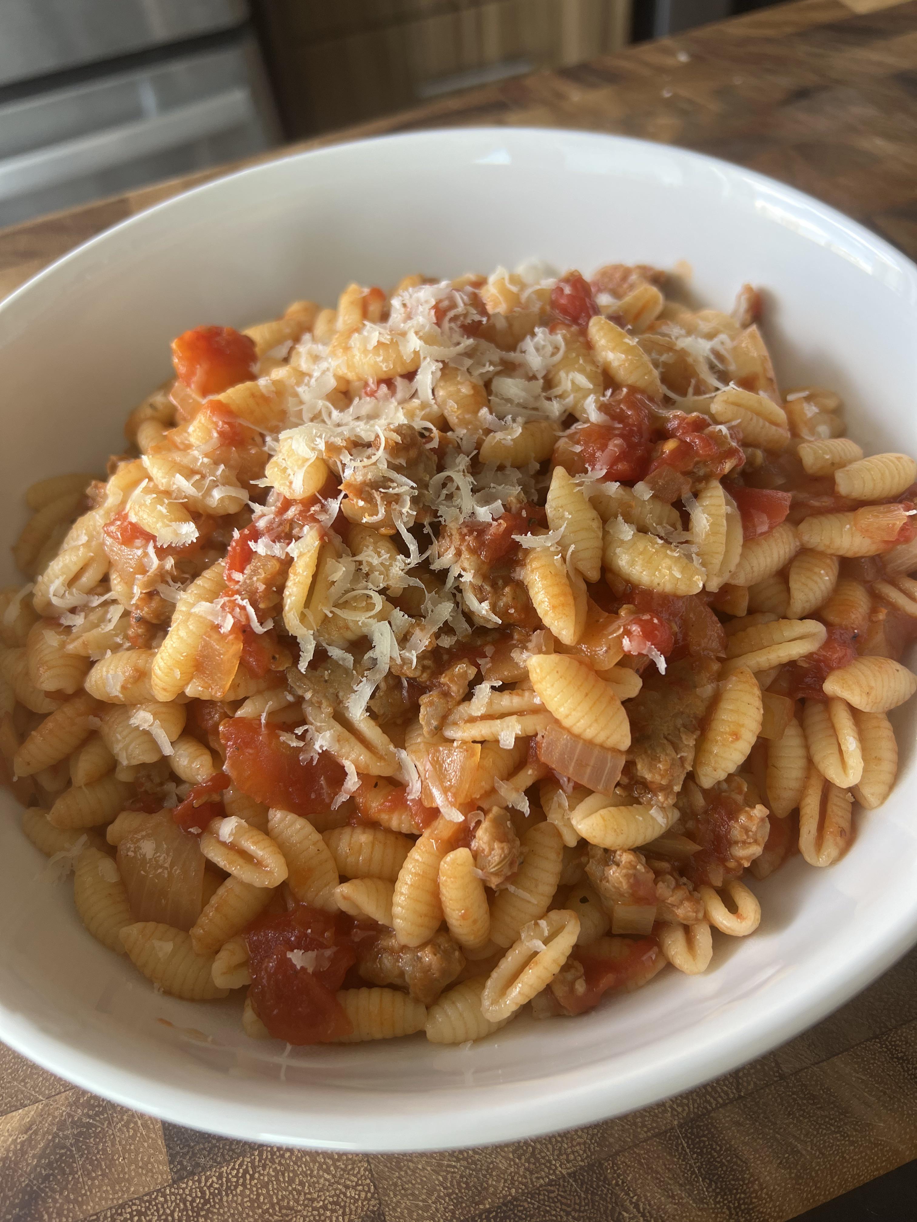 Dinner tonight is Malloreddus pasta with Fennel Sausage Ragu. Dining