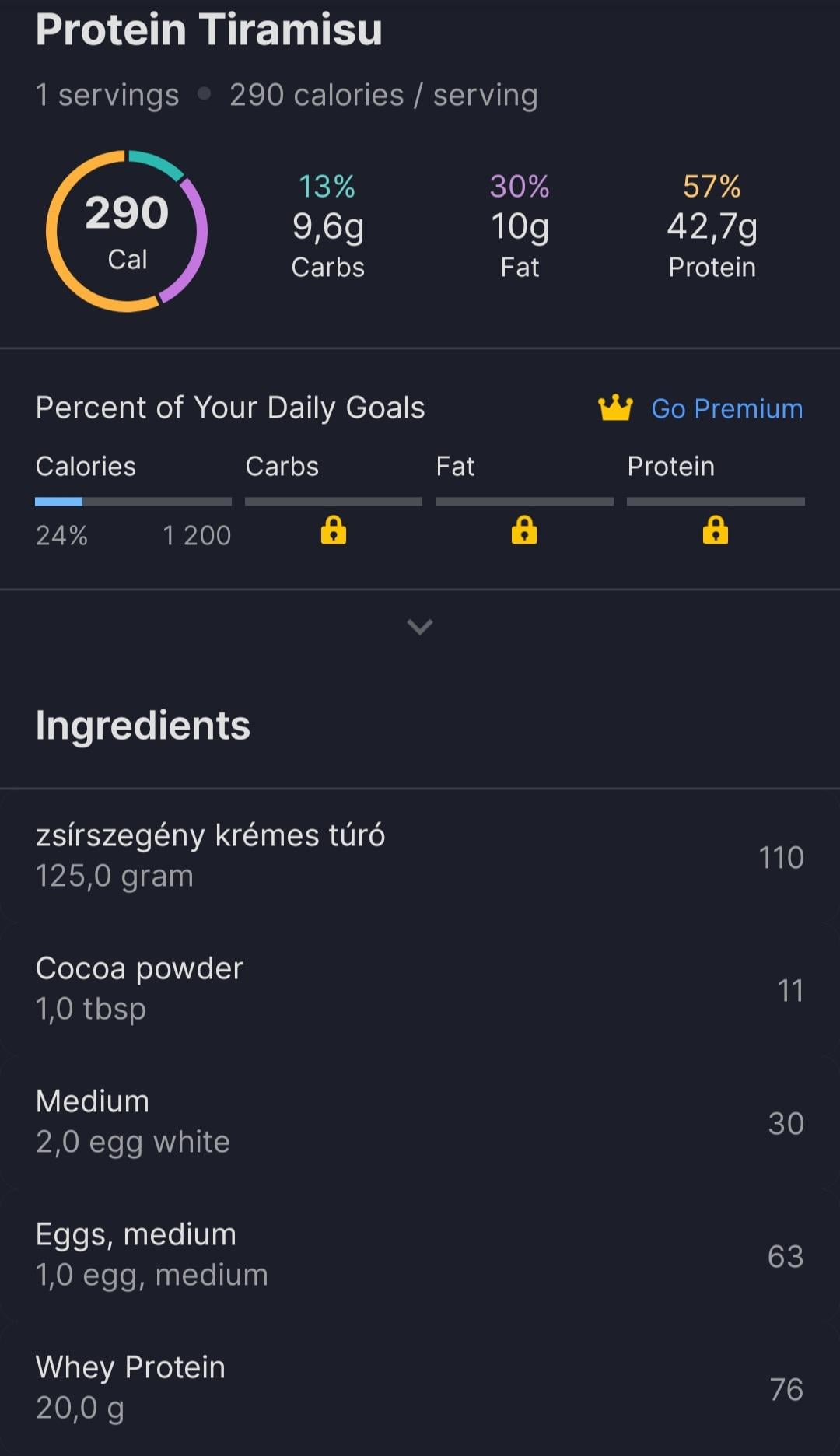 Tiramisu 290 kcals, 42 g of protein Dining and Cooking