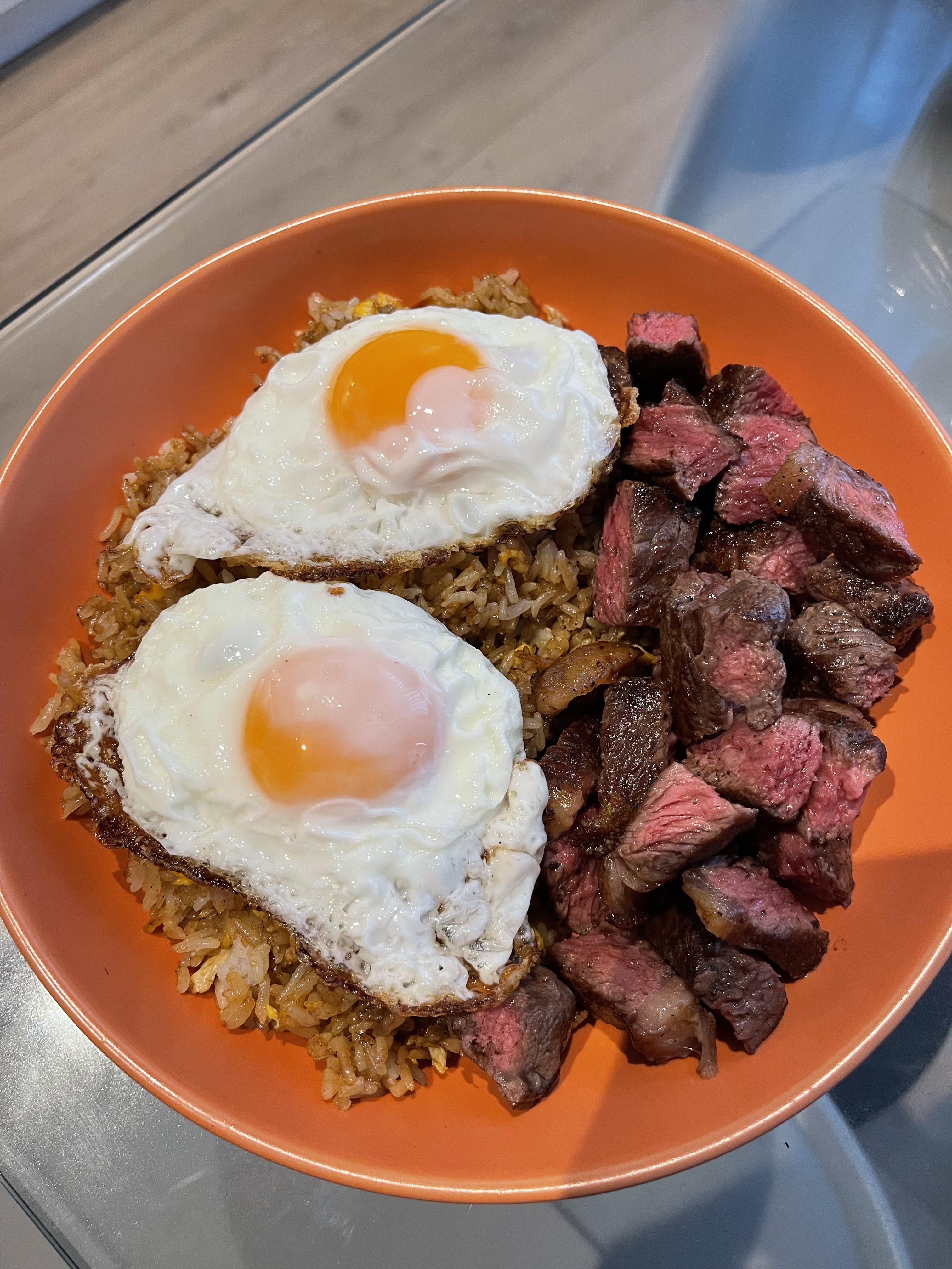 Rate my dish Indonesian style fried rice with bitesized cut sirloin