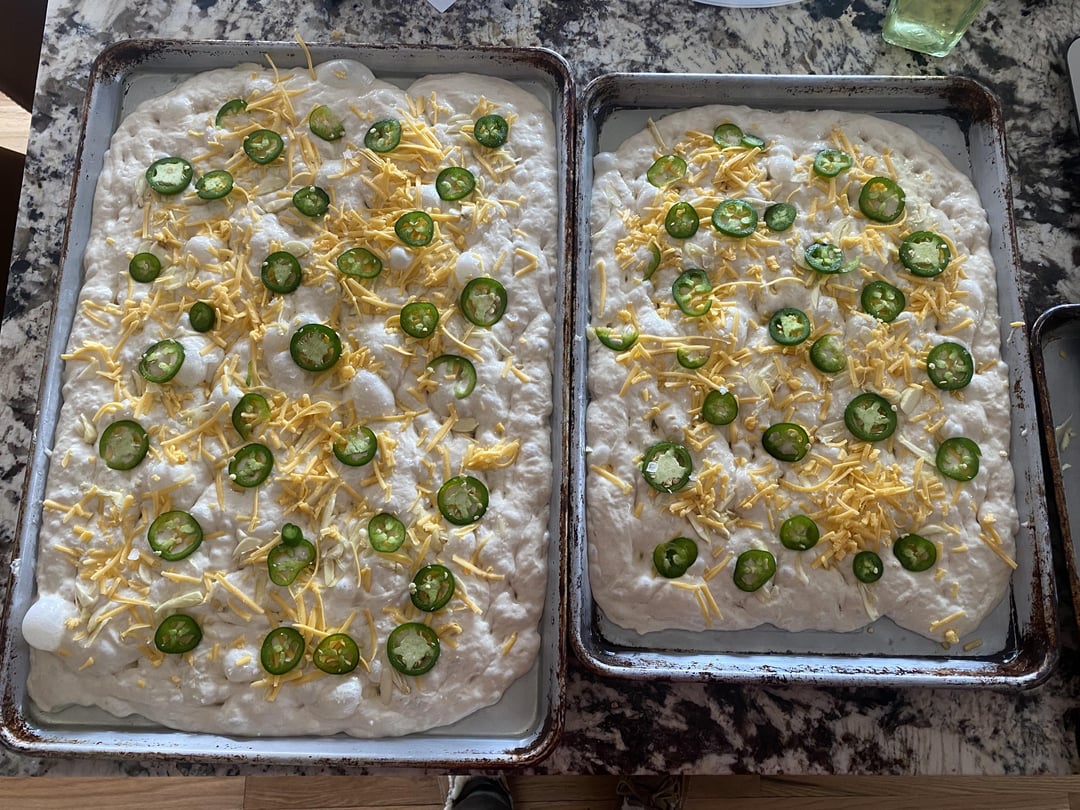 jalapeño garlic cheddar focaccia. before and after. Dining and Cooking