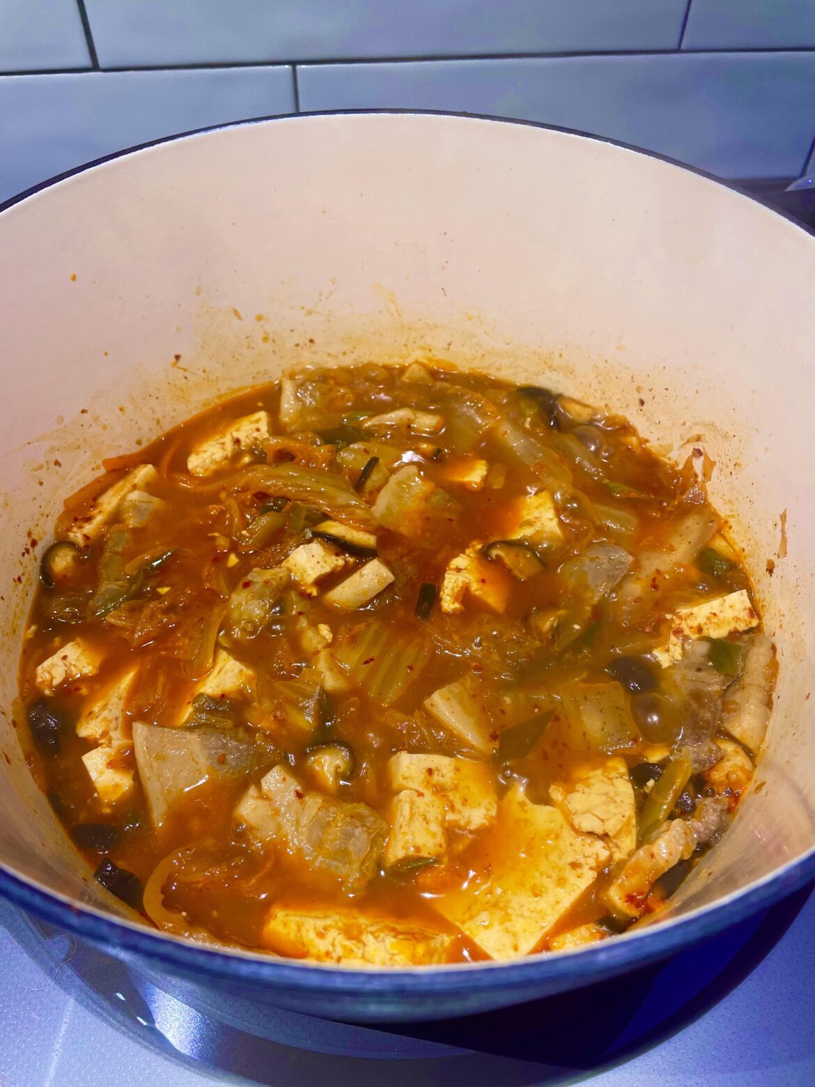 Kimchee stew with tofu and pork belly. Made from home made kimchee!