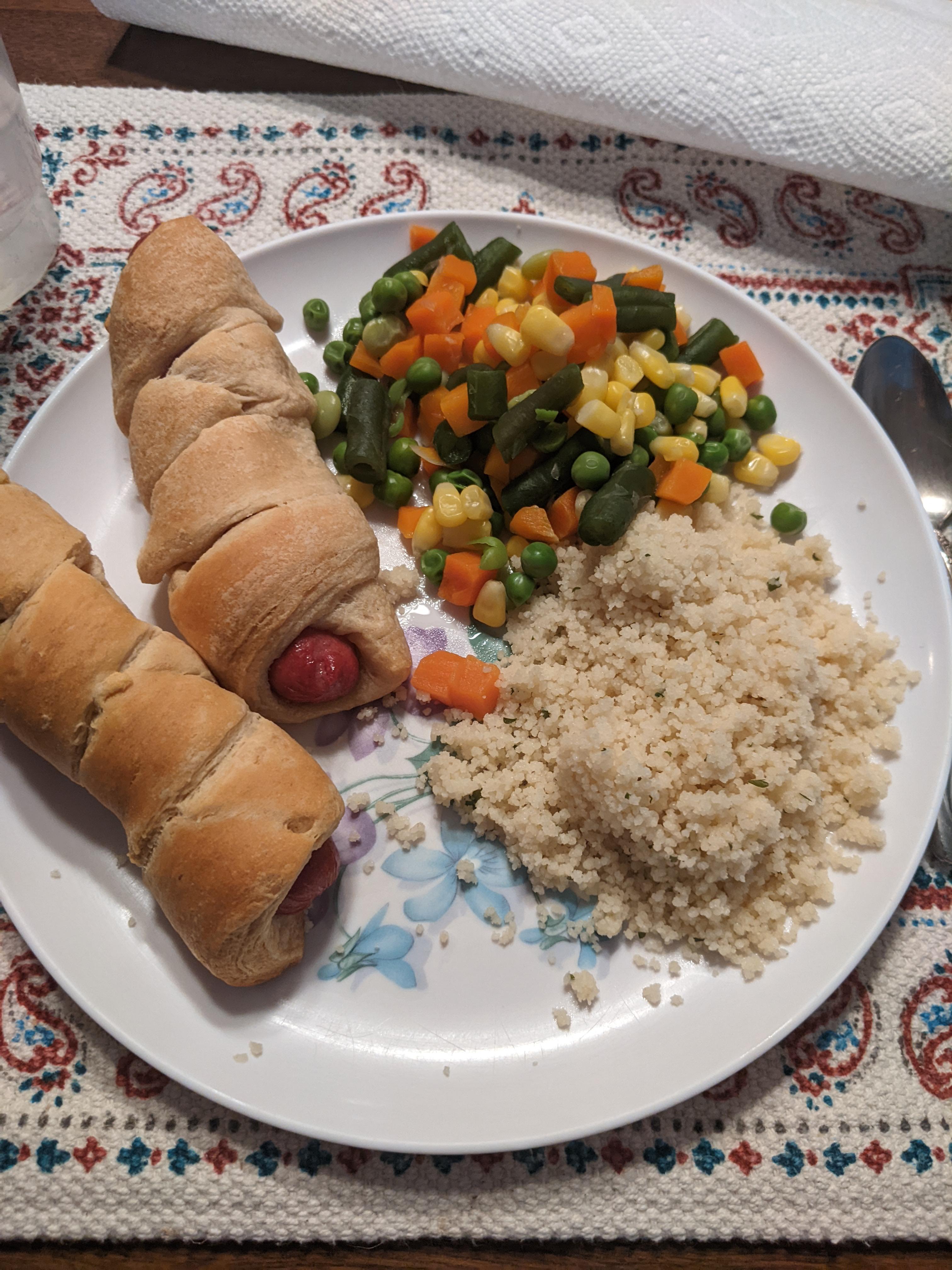 Pigs in a blanket with 'wth, how old is this??' sides Dining and Cooking