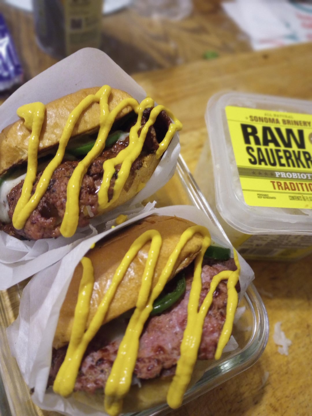 corned beef smash burgers! home ground corned beef brisket, sauerkraut