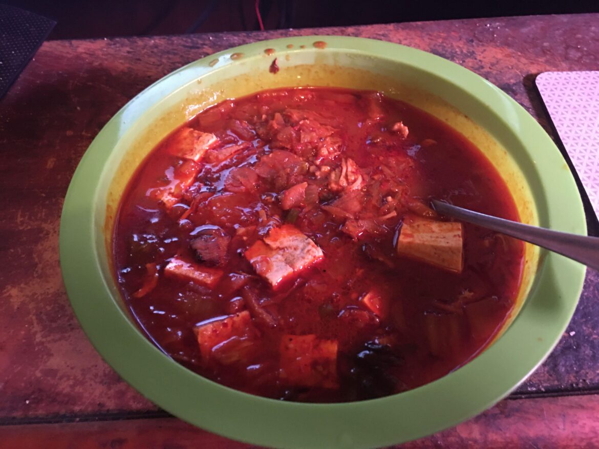 I made some Spicy Korean Chicken Soup with Kimchi and Tofu! Yum! Yay for Jiggae!