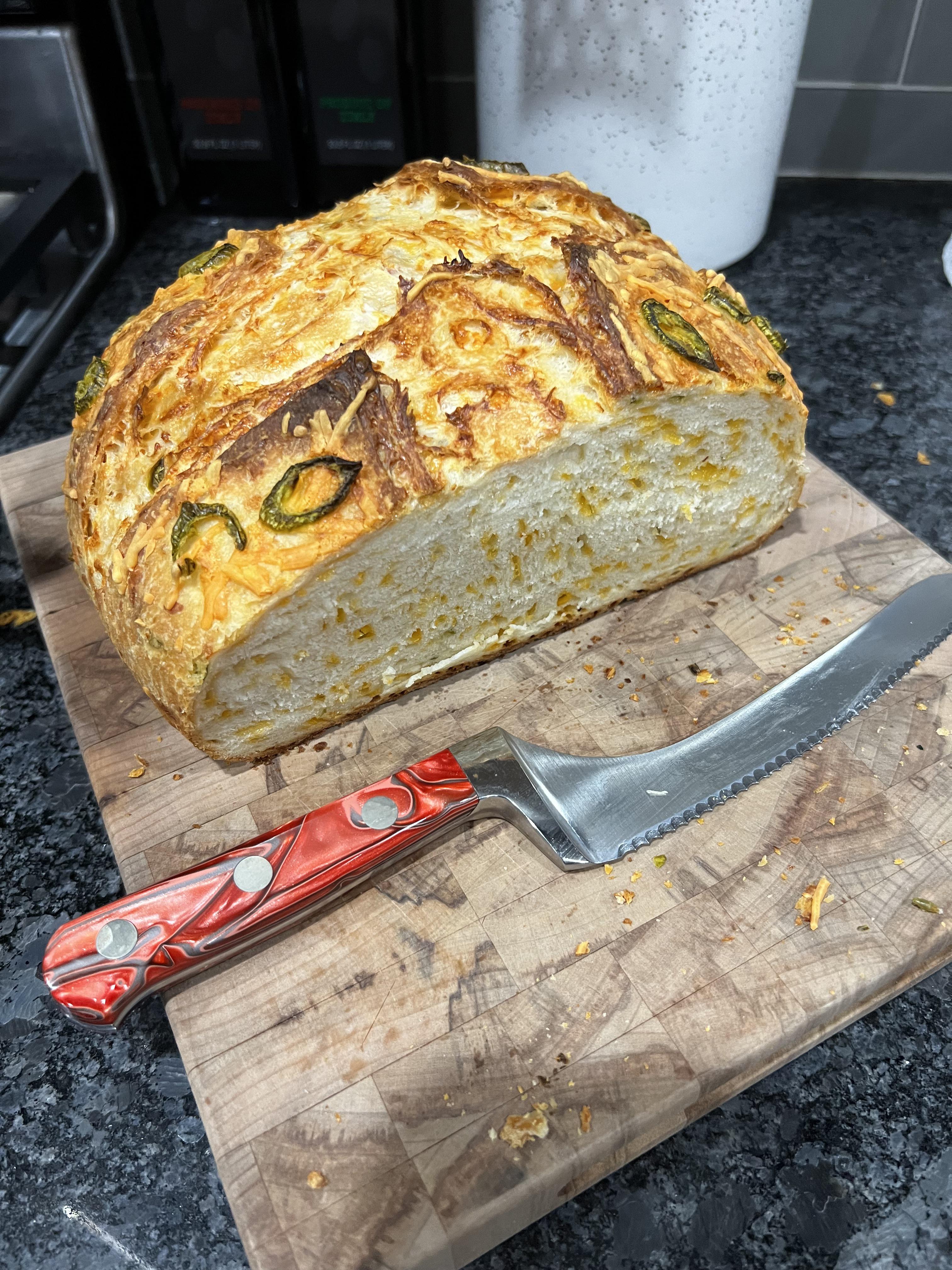 Attempted some jalapeño cheddar bread in the Dutch oven today. I need to do all breads in my
