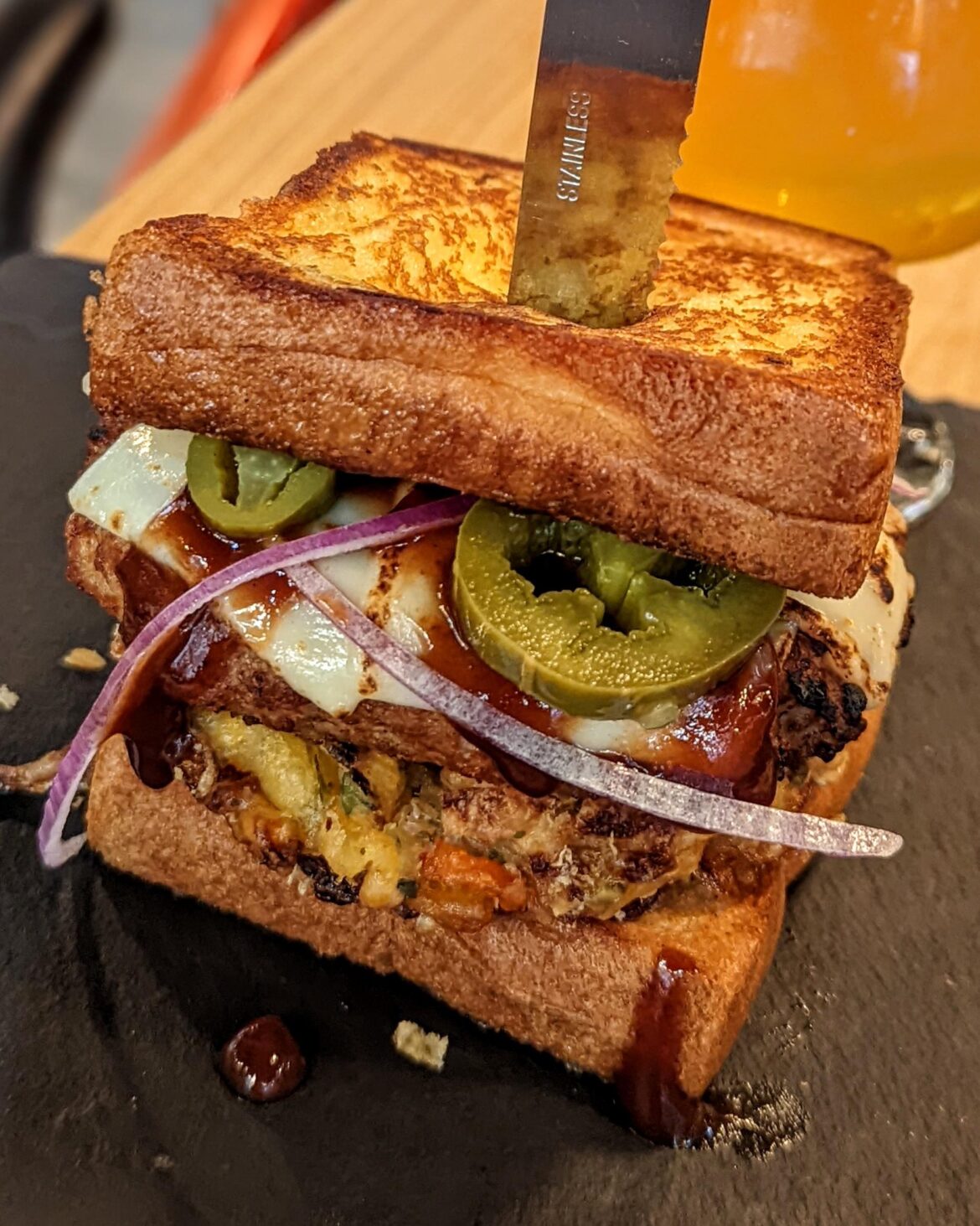 Texas Toast Burger (sandwich) with Jalapenos & Crispy Fried Onions