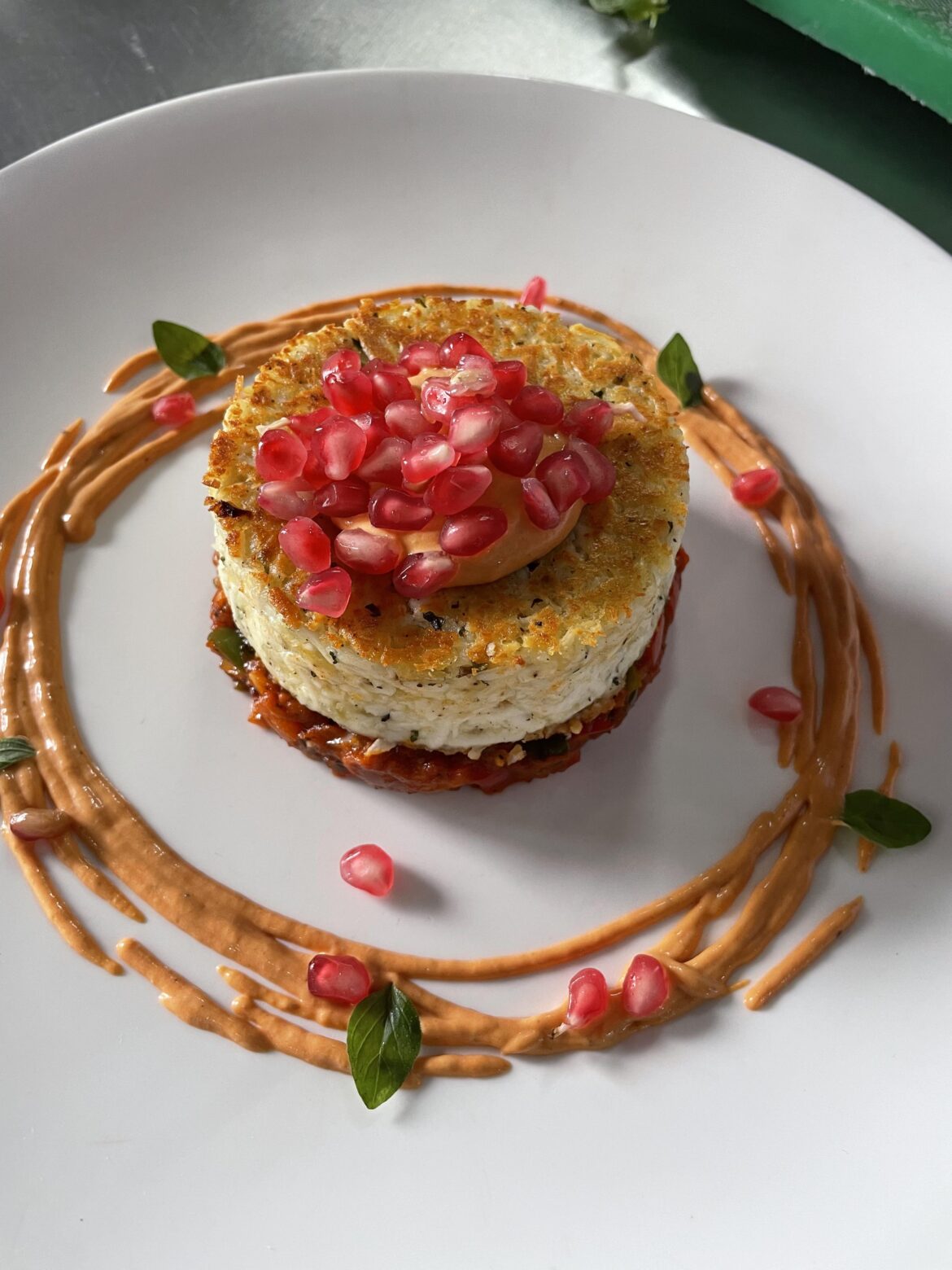 Cottage cheese steak with spicy pink sauce.