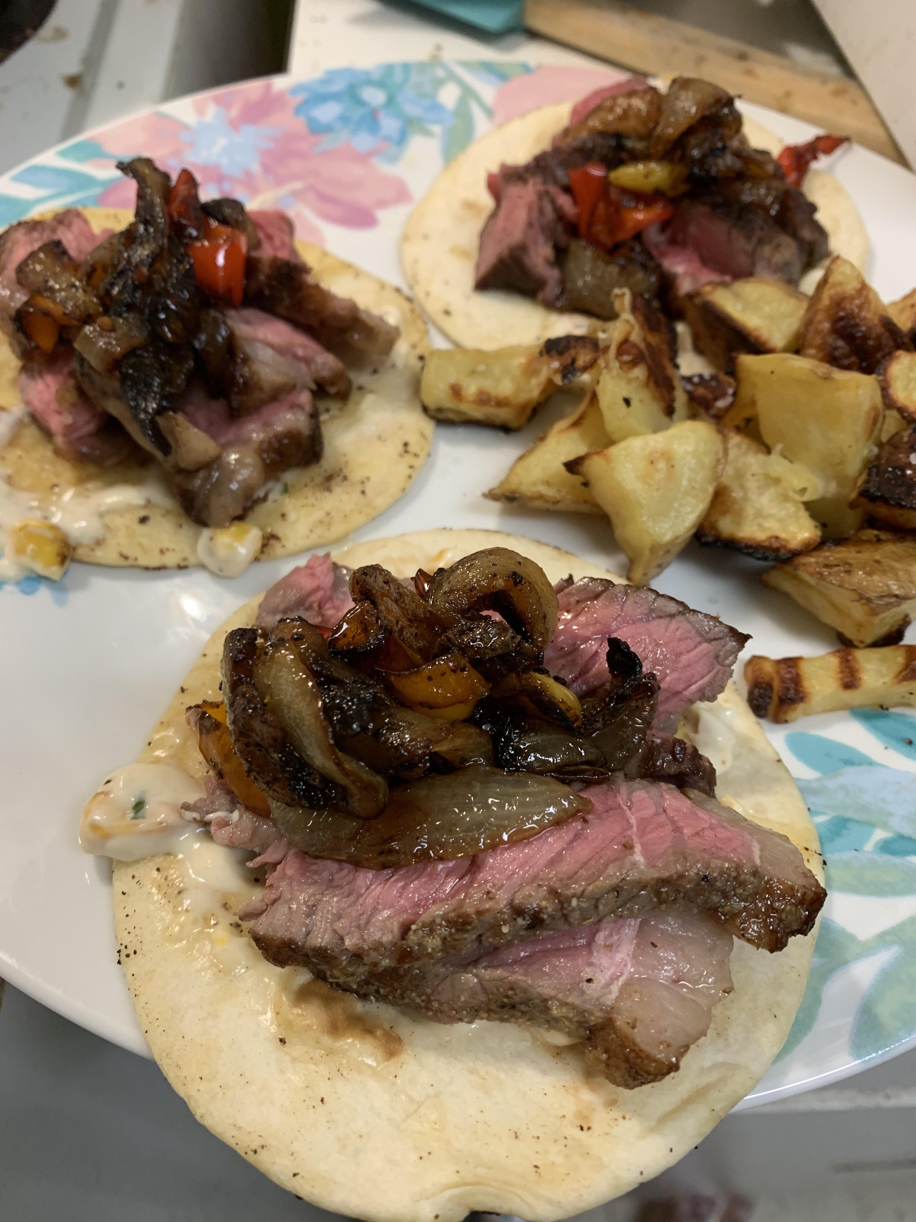 Steak fajitas & adobo seasoned potatoes Dining and Cooking