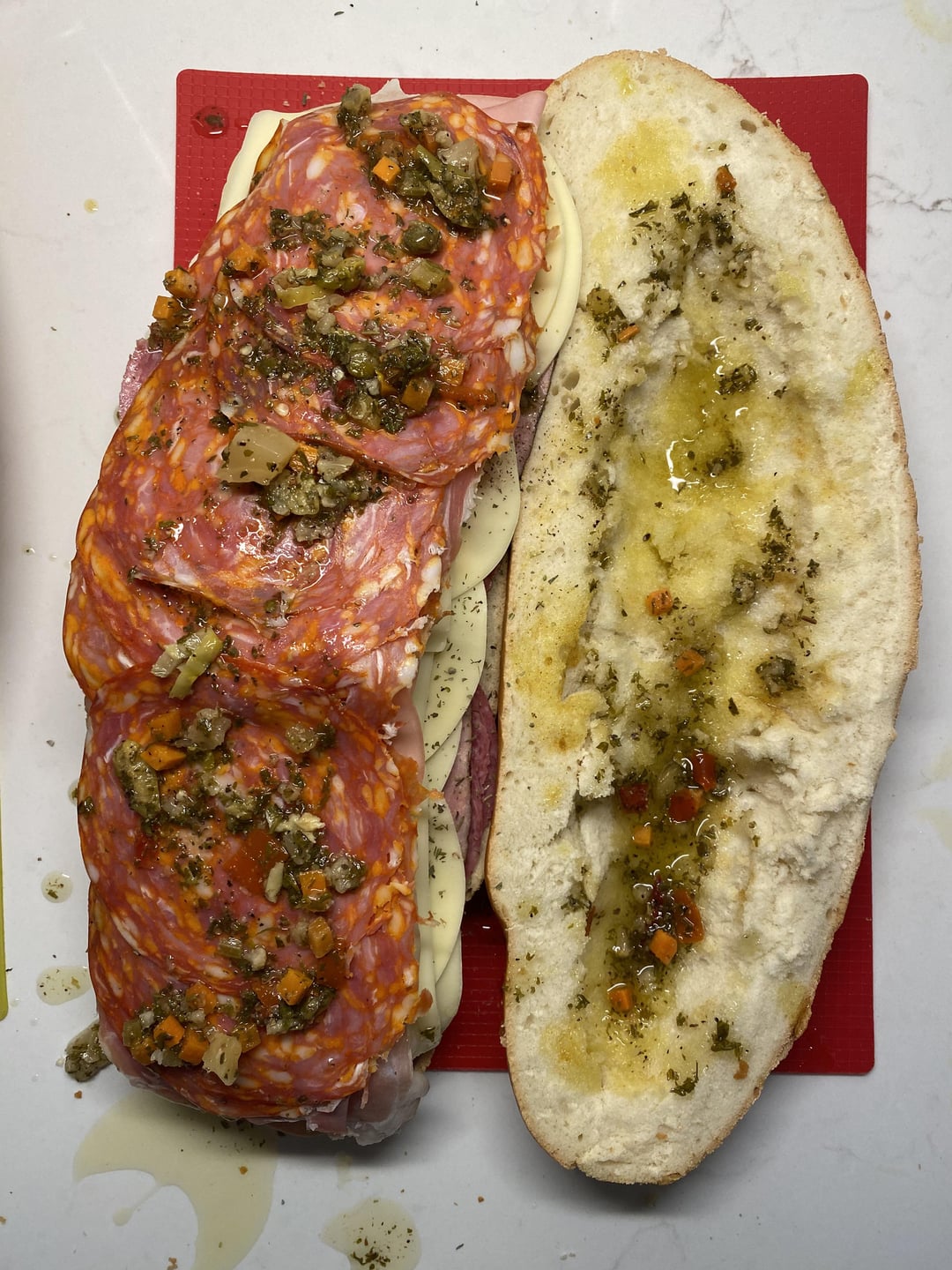 [Step by step] Muffuletta inspired sub salami, ham, provolone