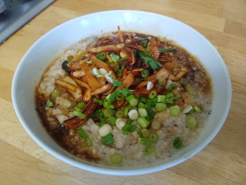 Shitake congee with chili bean veg