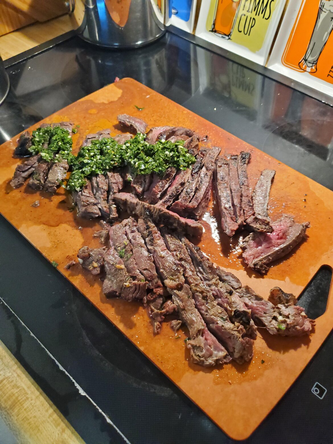 Mojo marinated and grilled flank and skirt steaks with chimichuri sauce