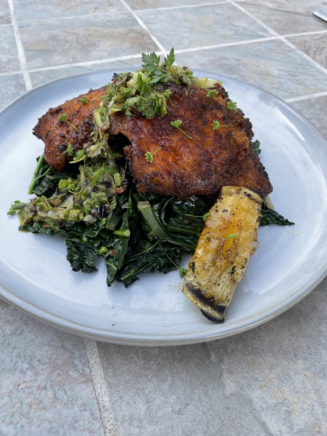 Adobo Chicken Thighs, Kale, Charred Green Onion Chimichurri, Grilled