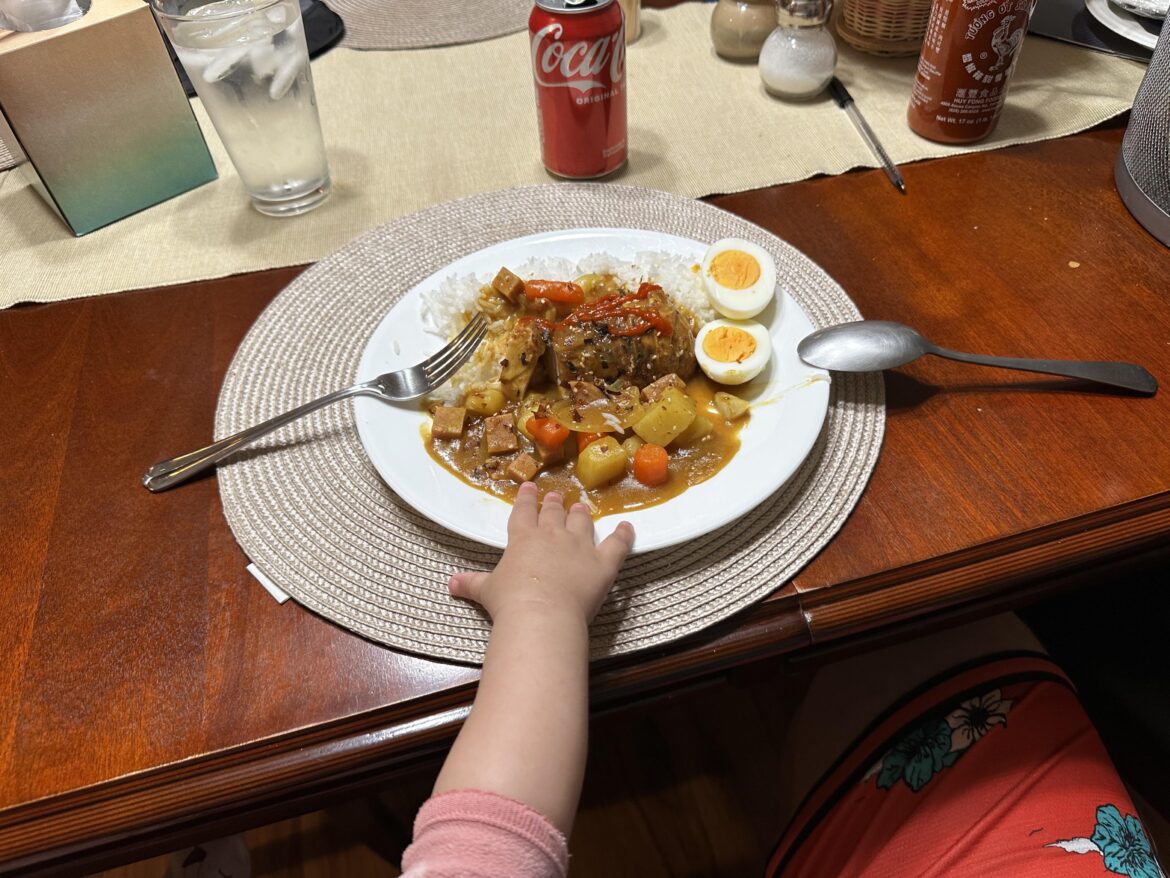 Curry rice with roast chicken breast, spam and katsuo furikaki on top