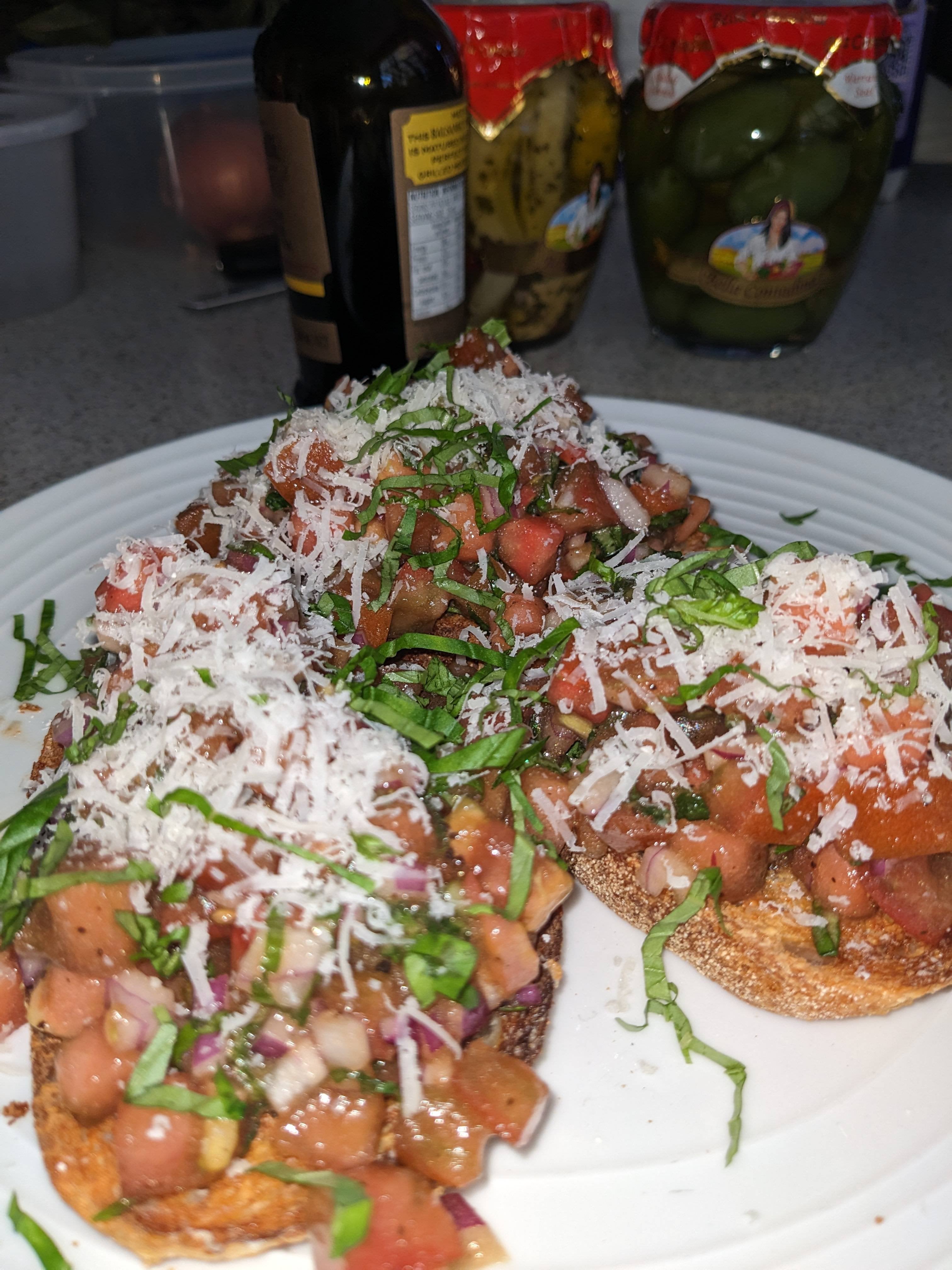 Is bruschetta an open faced sandwich? I think so. Diced tomatoes and