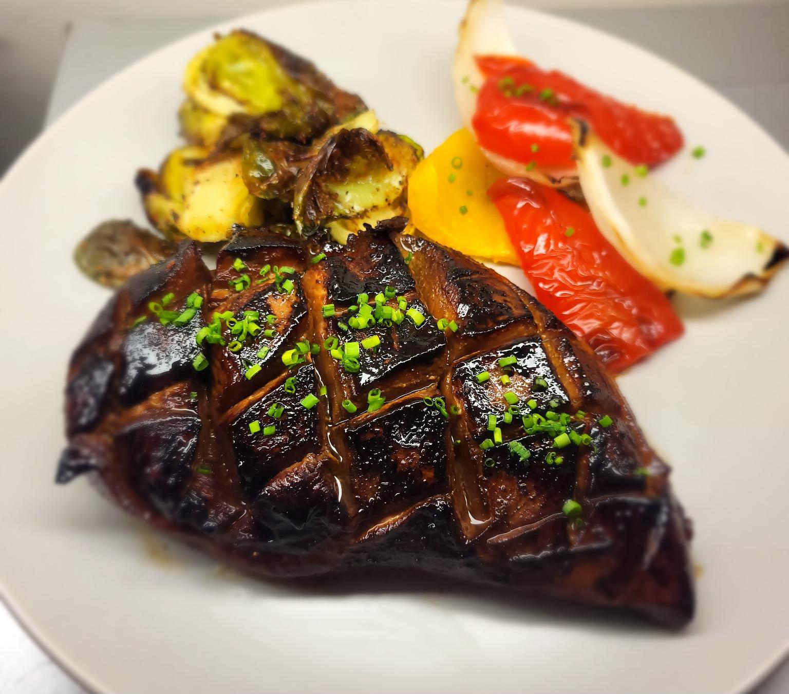 Dark soy and garlic marinated chicken breast and roasted vegetables