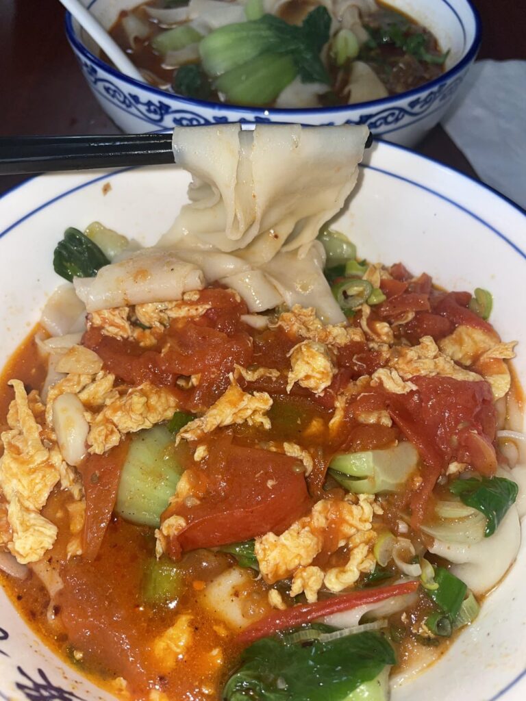Hot oil noodle with tomato and eggs & noodles with beef from Xian Kitchen in City of Industry