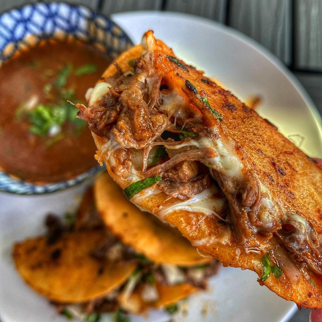 Homemade birria tacos w/ consomé. Dining and Cooking