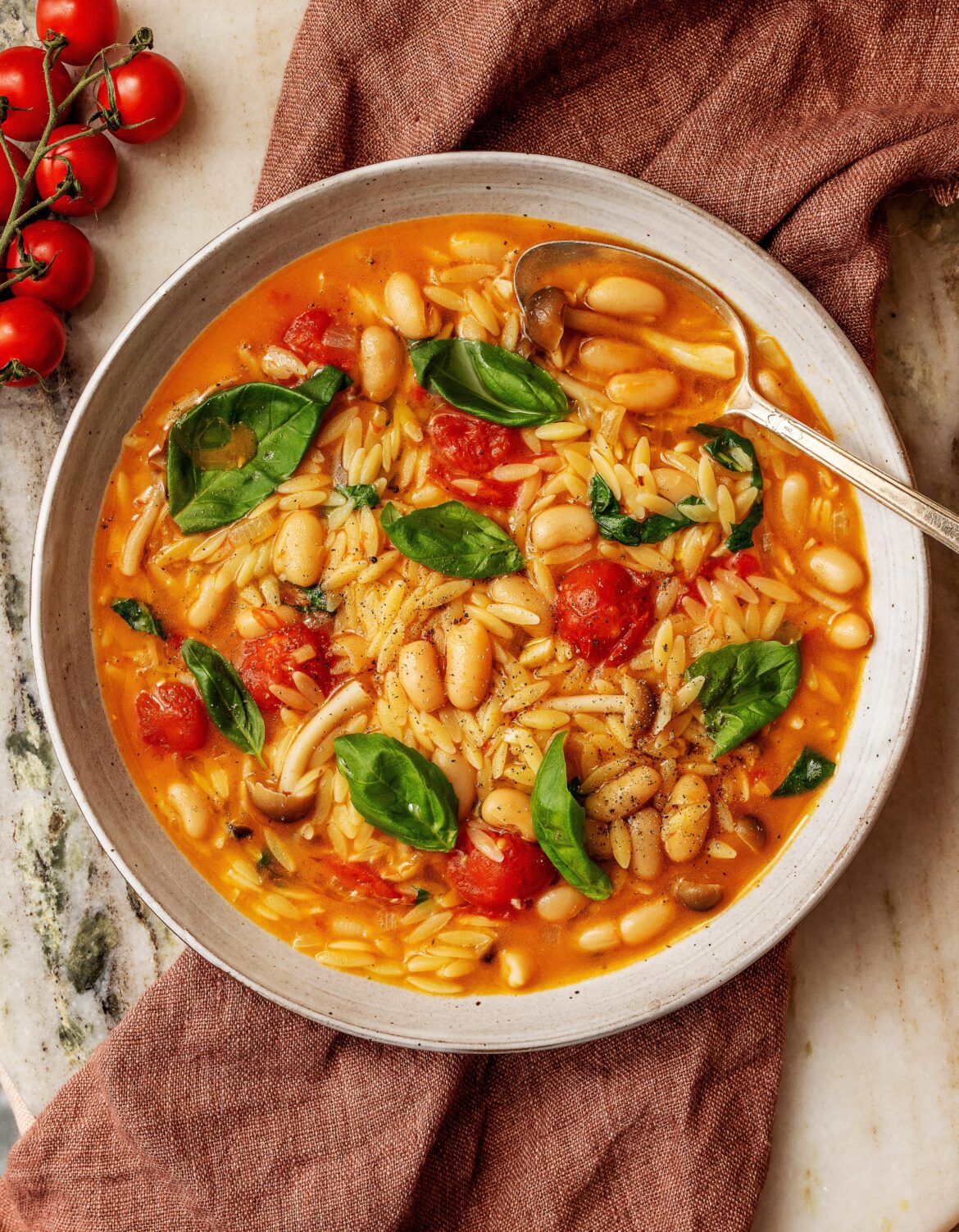 Brothy Beans with Orzo and Mushrooms