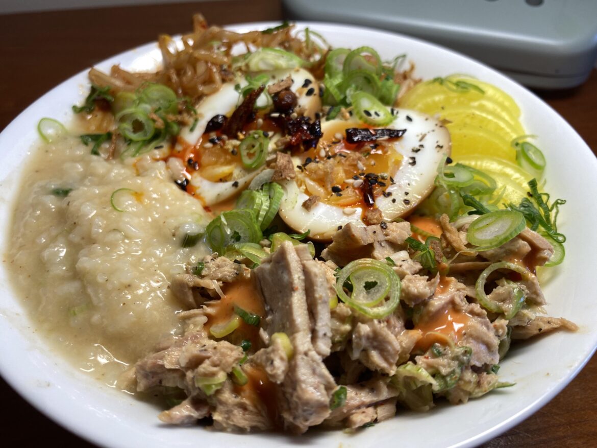 Something a little different- congee with soy egg, mayo tuna, bean sprouts and pickled radish