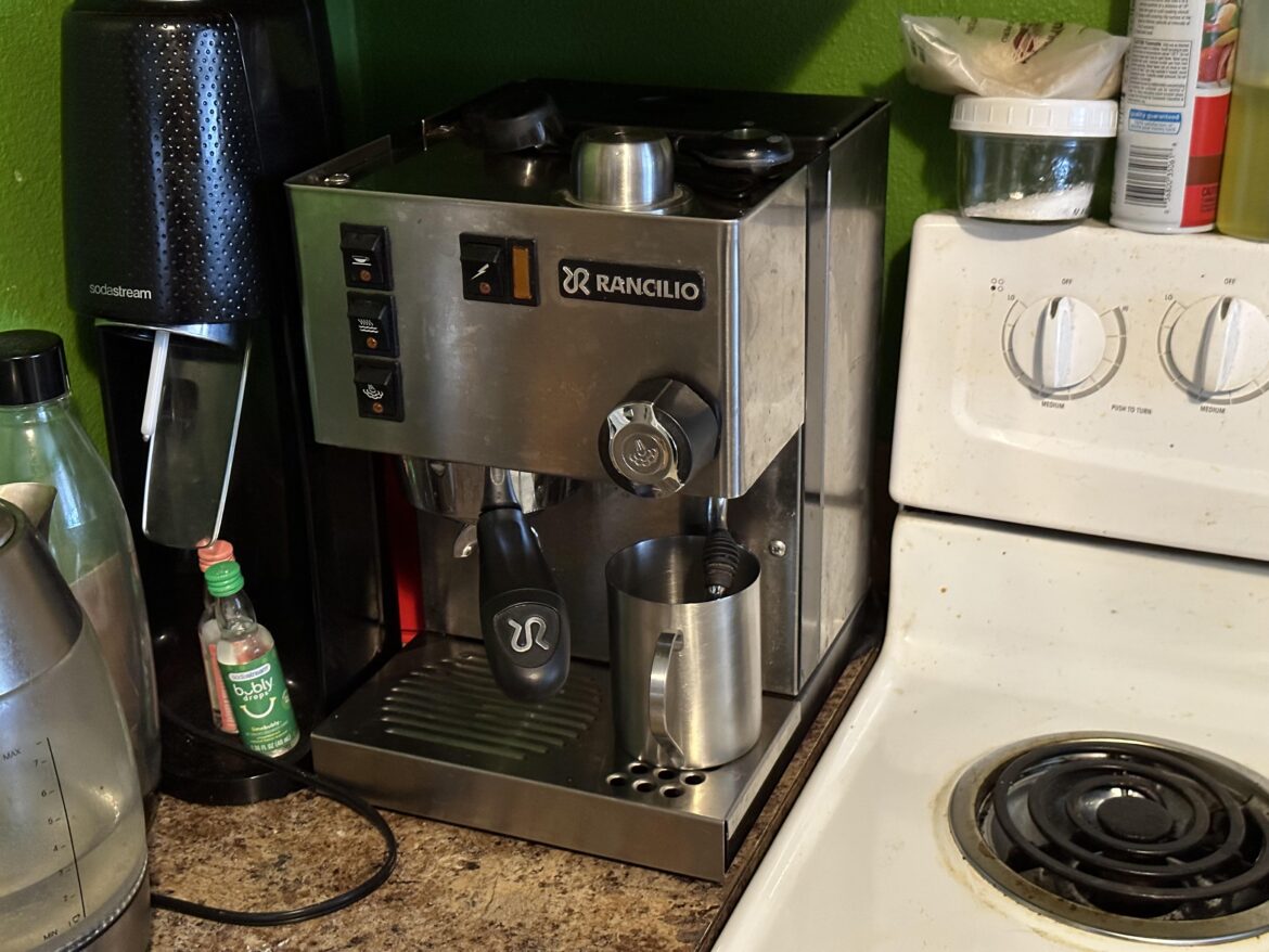 Never thought I’d have my own espresso machine, but found this on the giveaway shelf at the local dump. A lot of cleaning later and it works beautifully!