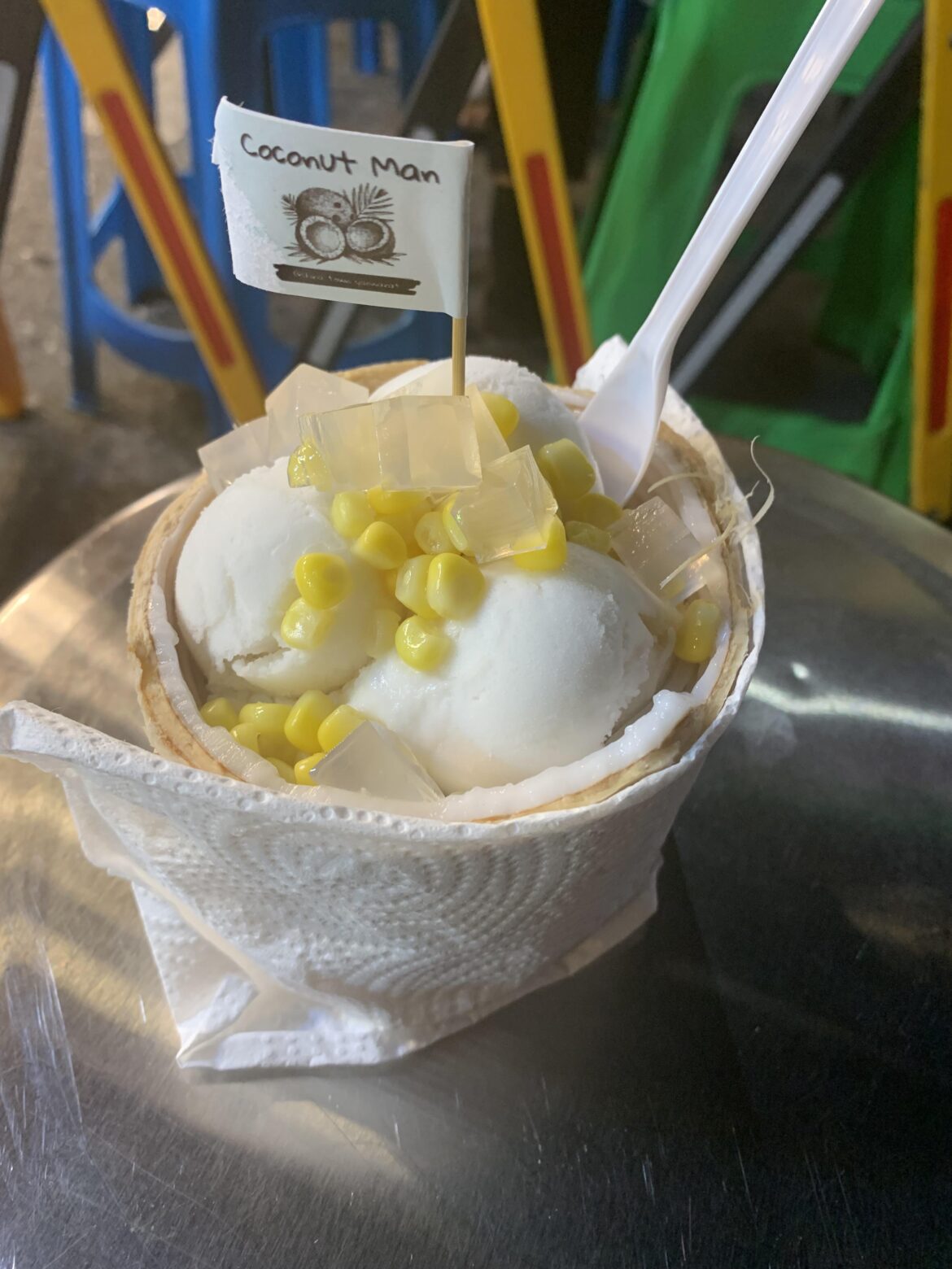 Coconut ice cream in Yaowarat Night Market in the Chinatown of Bangkok, Thailand