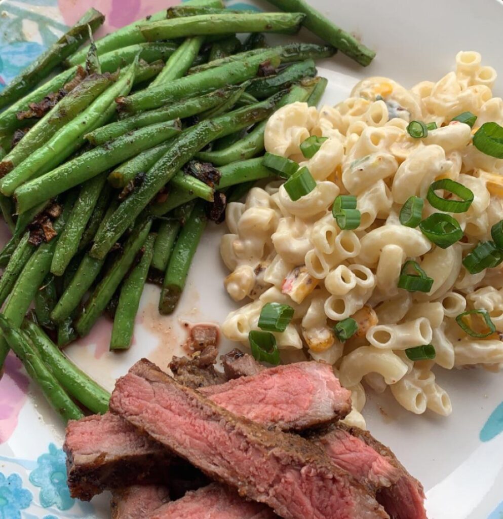 Steak, garlic/scallion sautéed green beans, & Mexican street corn pasta