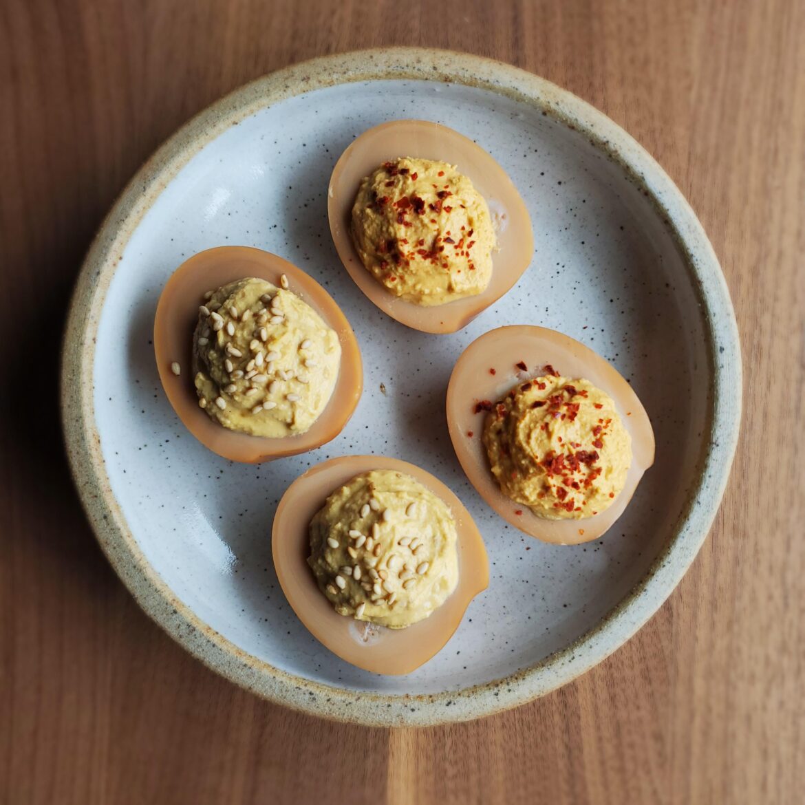 I made sauna eggs, and I decided to turn two of them into Korean-inspired deviled eggs.
