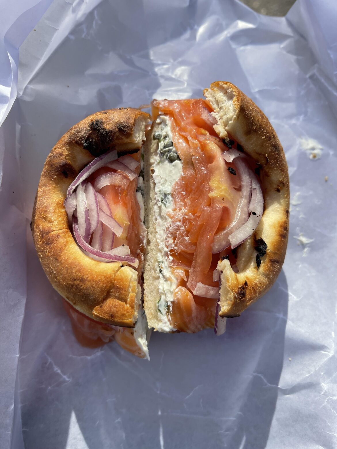 Member of the tribe on a toasted bialy at Shelskys on court street, Brooklyn