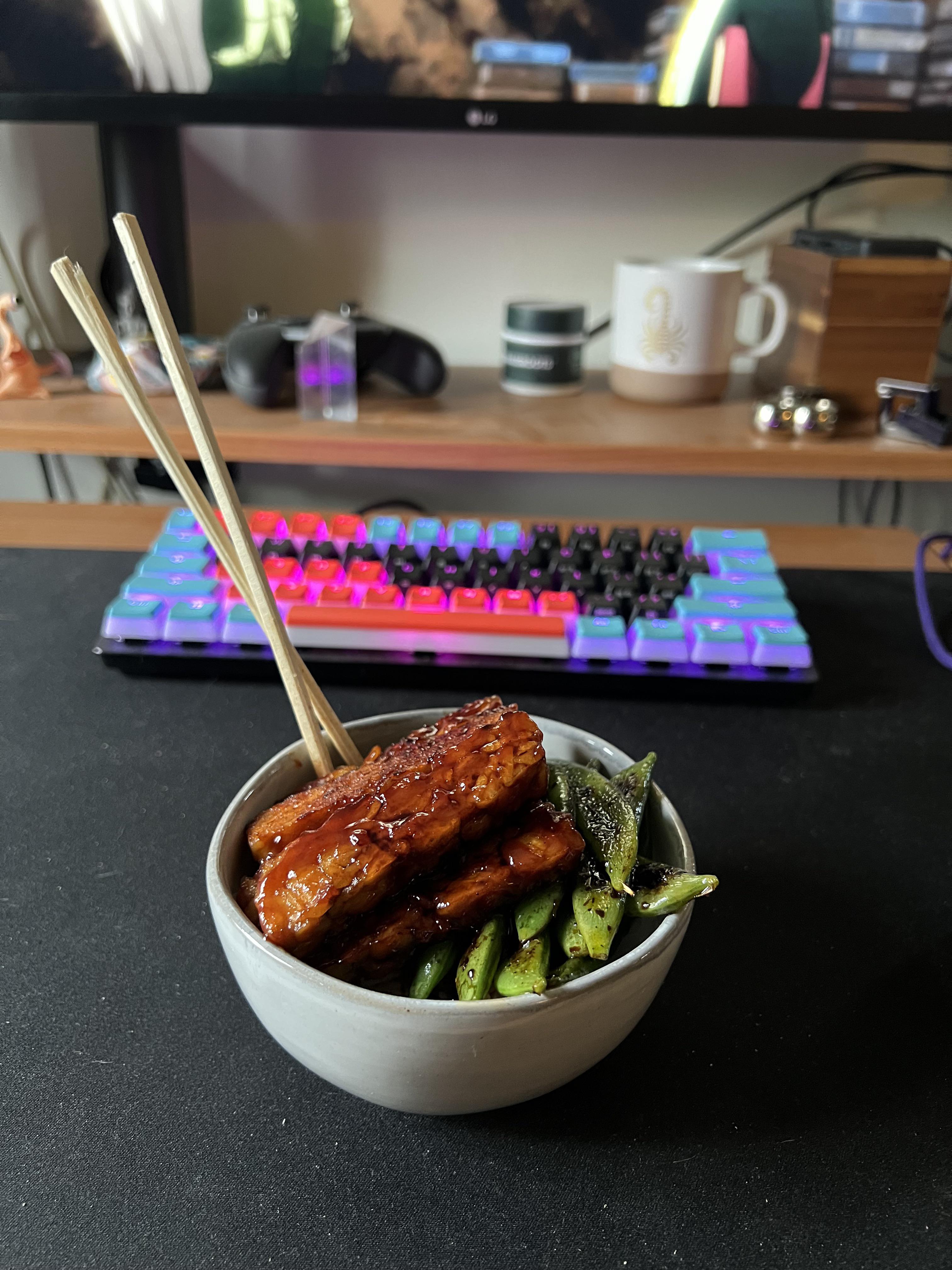 BBQ tempeh with sugar snap peas over rice Dining and Cooking