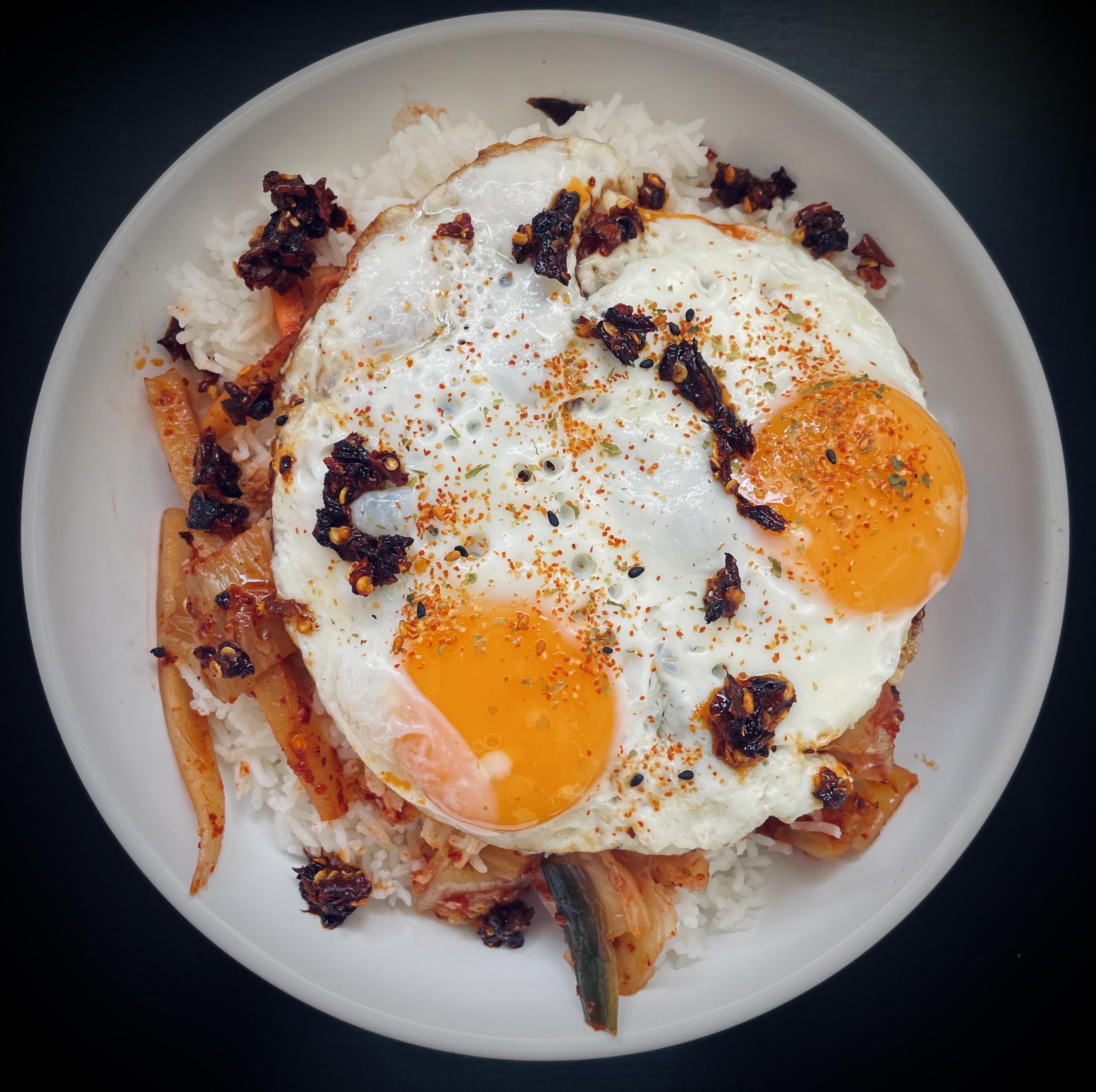 Rice topped with kimchi and backyard eggs. Again! Dining and Cooking