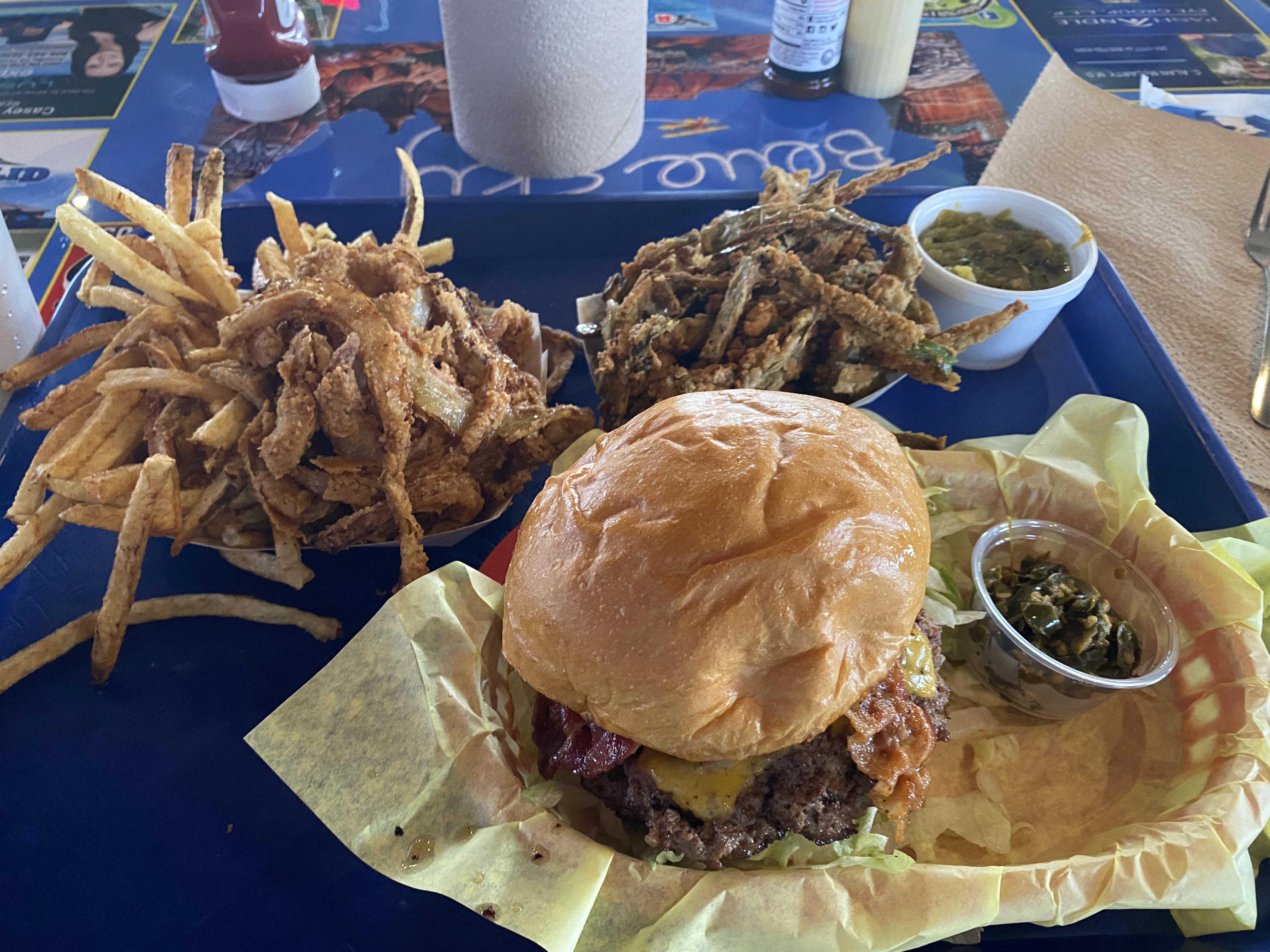 Green Chile Bacon Cheeseburger, Blue Sky Burgers, Amarillo TX Dining