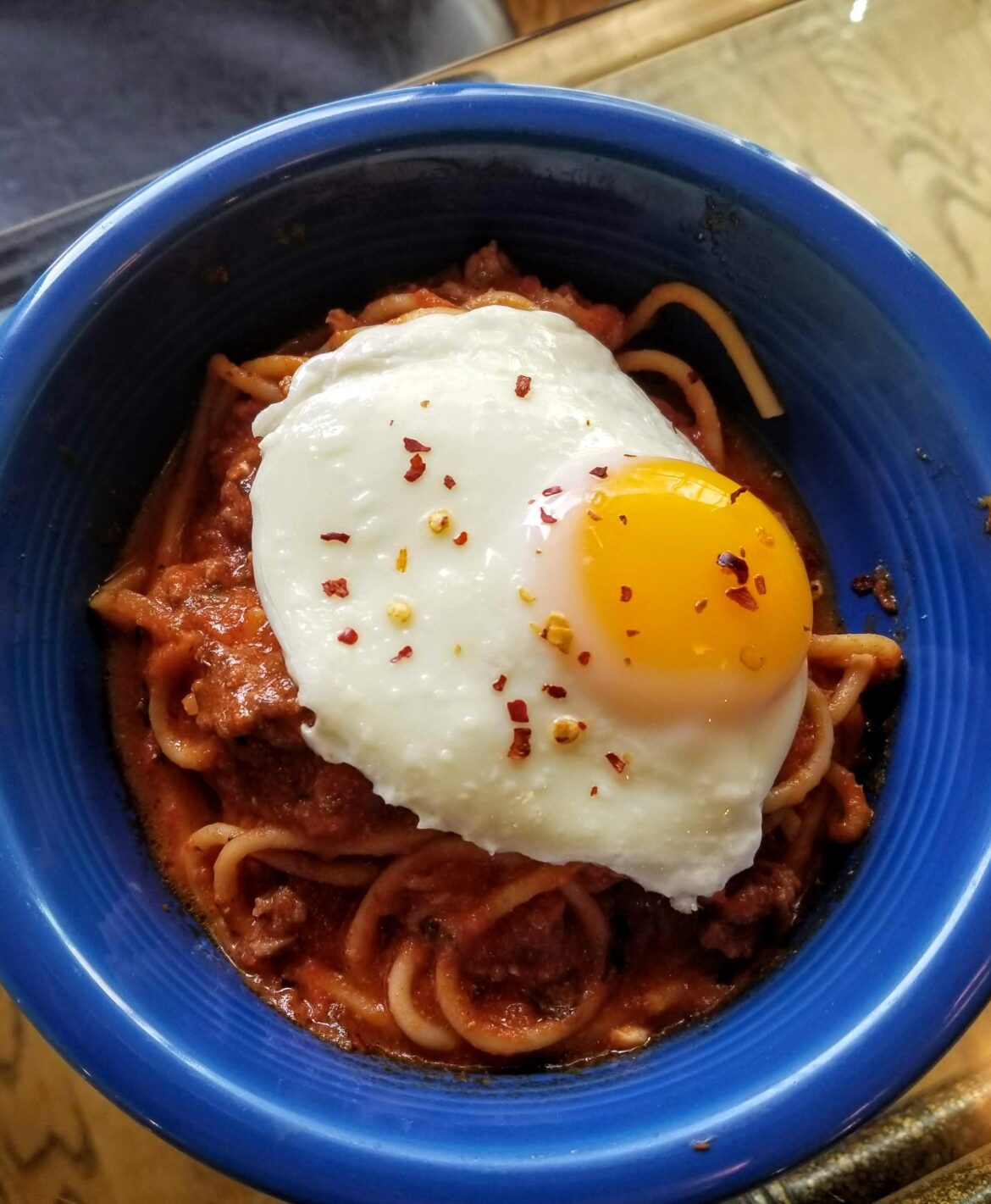 I put an egg on spaghetti bolognese