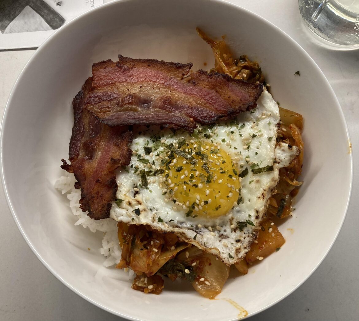 Delicious breakfast this morning inspired by one of the pinned popular posts in this sub and a trip to Costco where I saw their kimchi