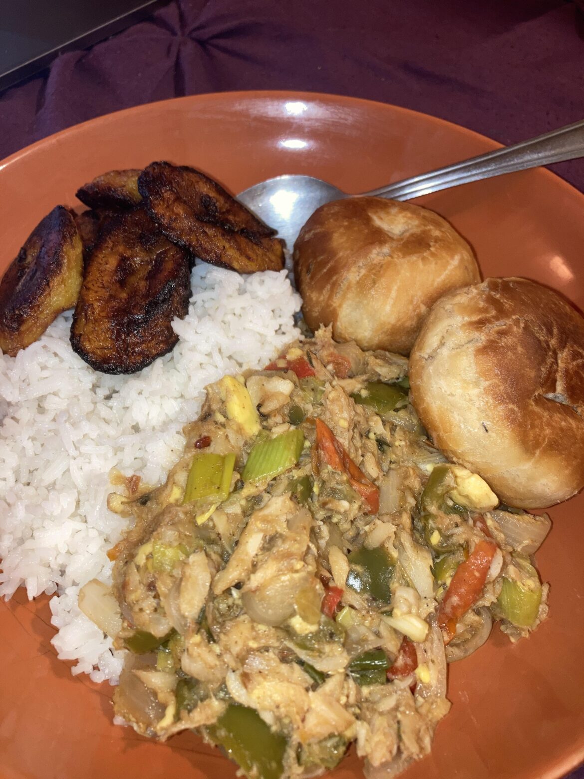 Ackee & Saltfish, rice, plantain & homemade fried dumplings