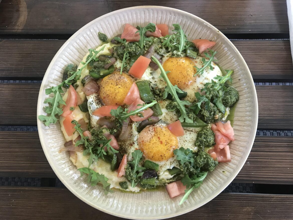 pesto eggs with polenta