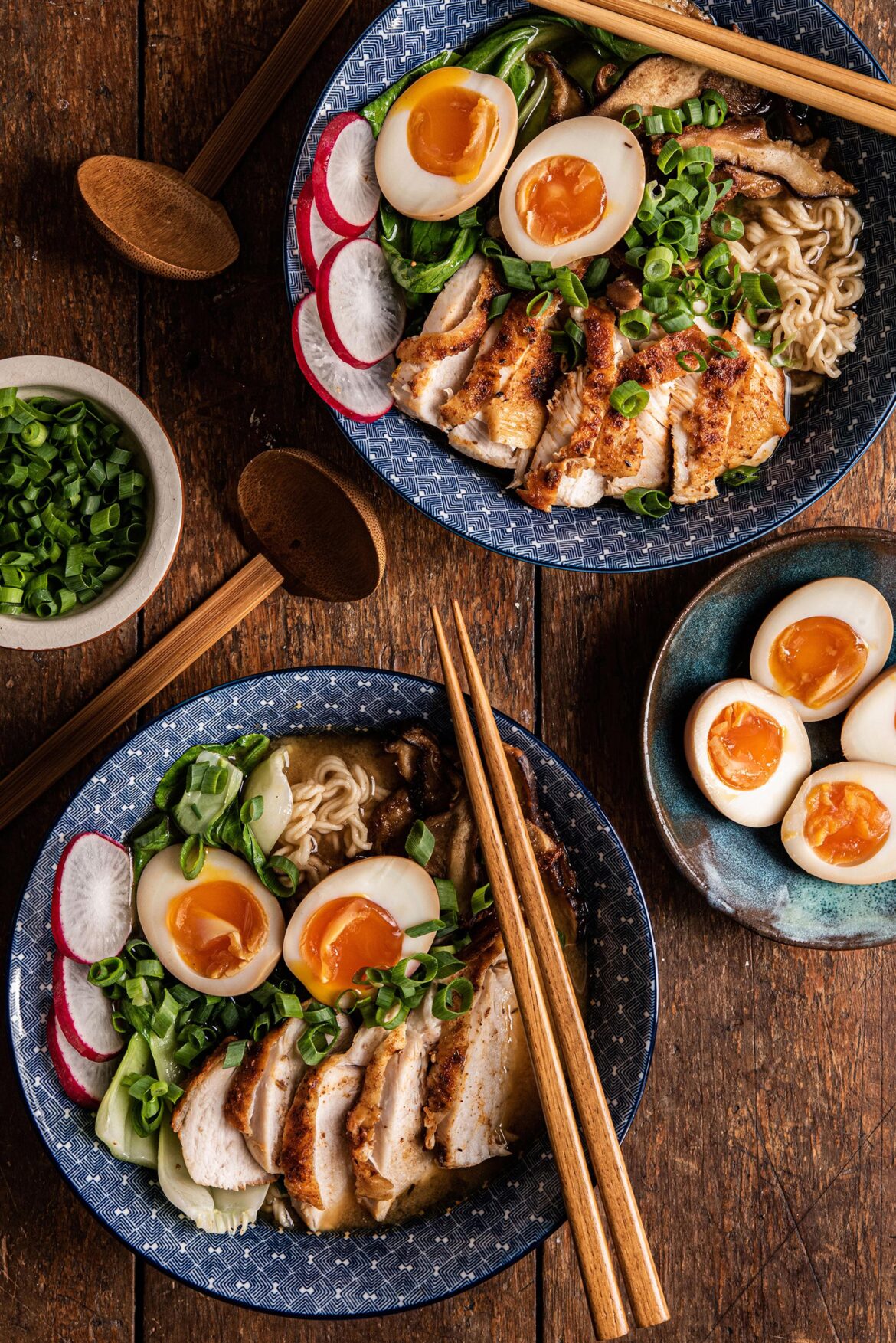 Homemade miso ramen with chicken, eggs, shiitake, radish, bok choy and spring onion