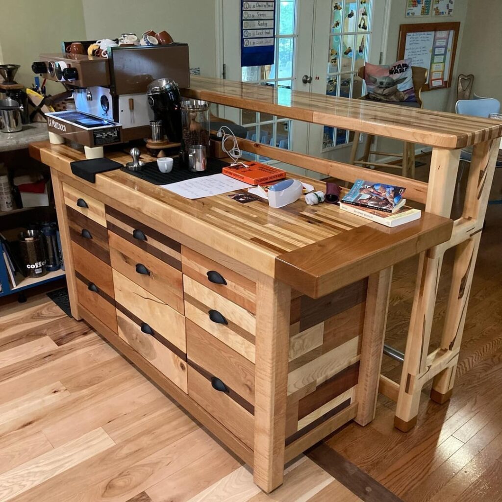 Upgraded the coffee station - added a bar height table.