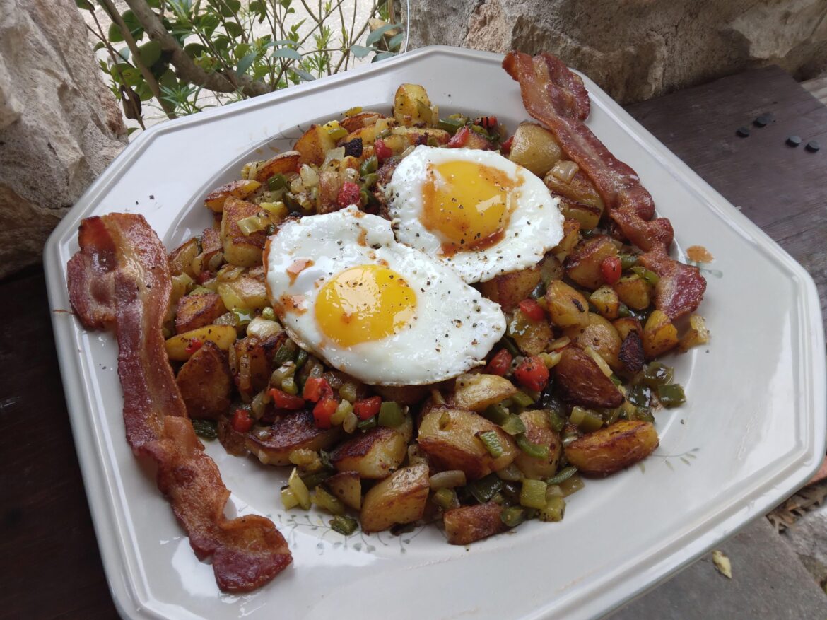 Big-Ass Plate of Crispy O'Brian Home Fries Cooked in Tallow w/Eggs and Bacon (then a long-ass nap)