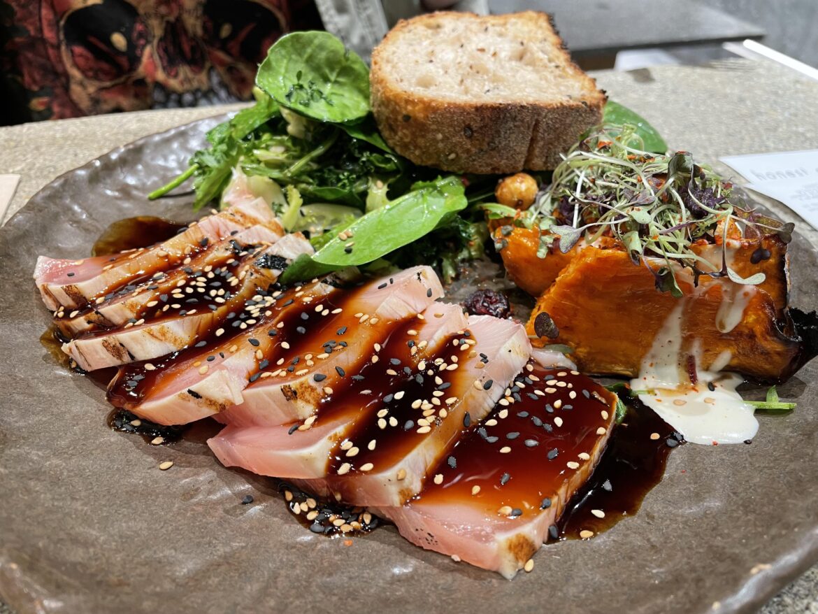 White tuna, sweet potato and salad market bowl (Spain)
