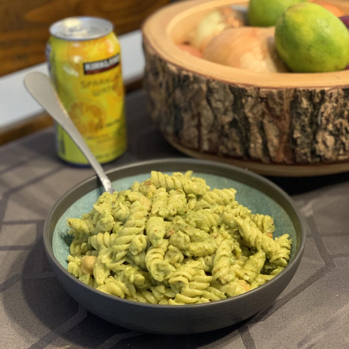 Homemade pesto with Banza rotini pasta and chickpeas