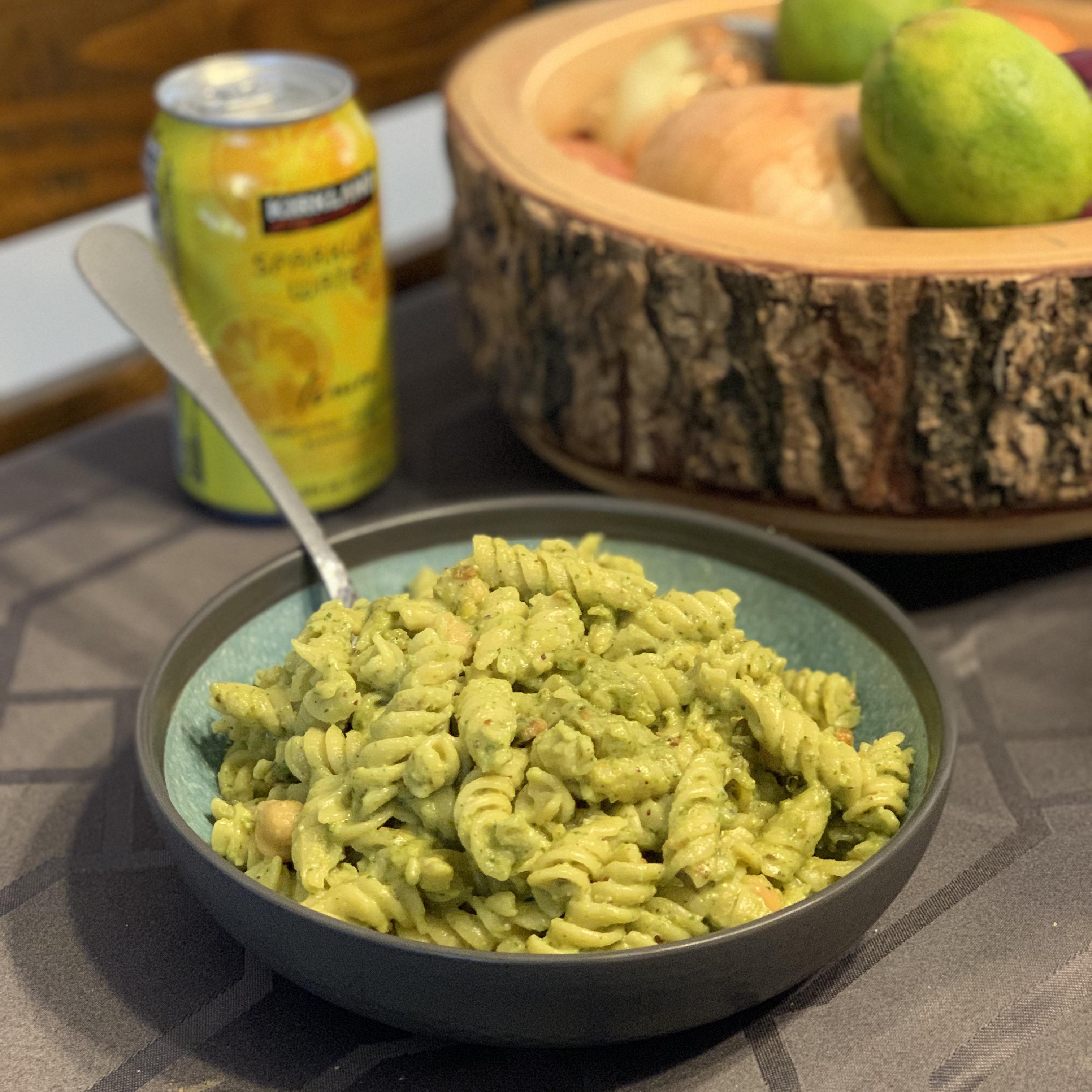 Homemade pesto with Banza rotini pasta and chickpeas Dining and Cooking