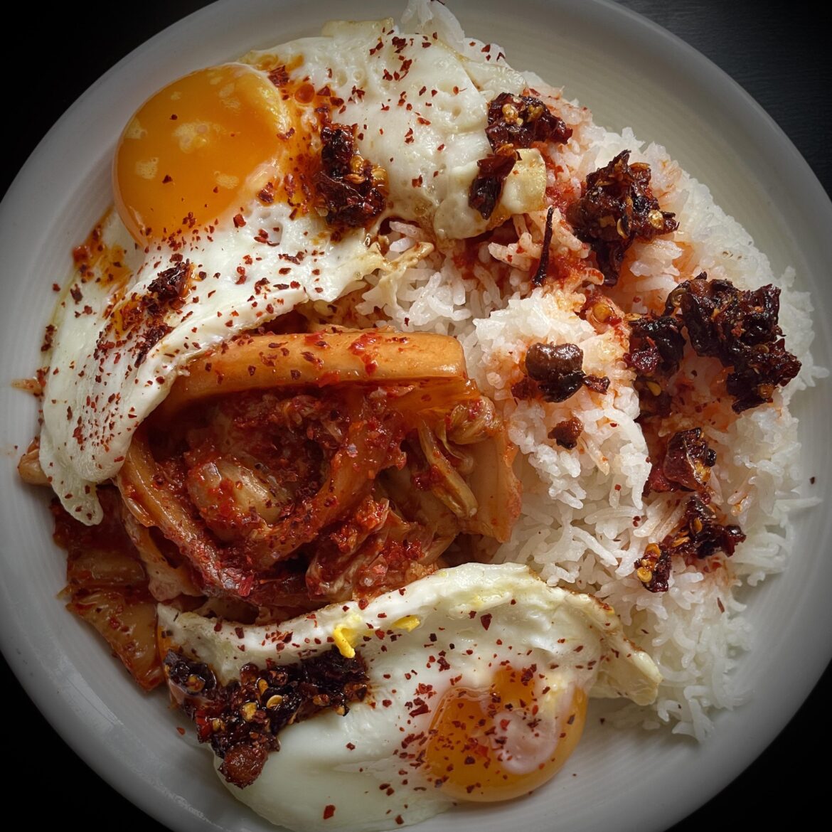 Kimchi ,rice, chili crisp and two backyard eggs. If there’s a better comfort food I have yet to find it.