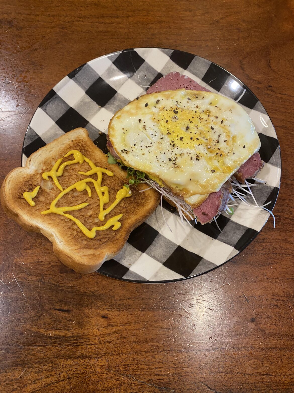 Runny Egg is Good Corn beef with sprouts is good too. Mustard worked out well