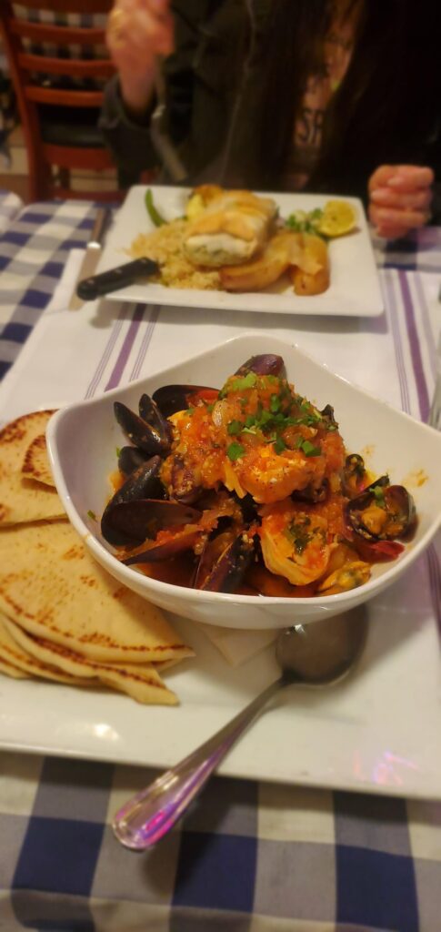 Psarosoupa (Greek Seafood Soup) and Pork Souvlaki from the best Greek Restaurant I've ever been to, Koutouki Greek Estiatori in Palm Desert