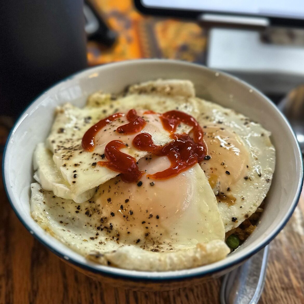 Over Medium & Chicken Fried Rice with Sweet Sambal (Indonesian Chili Sauce)