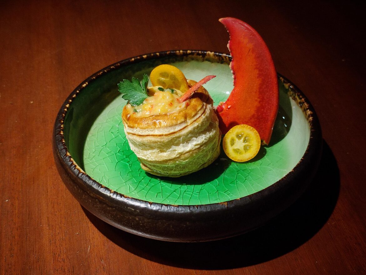 Lobster "vol-au-vent" with self-harvested mushrooms + kumquat, cognac, etc.