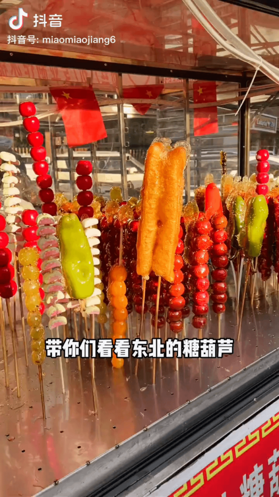 Tanghulu from Northeast China: candied cucumber, ginger, apple, shrimp, chili pepper, scallion, pepino, youtiao (donut stick)