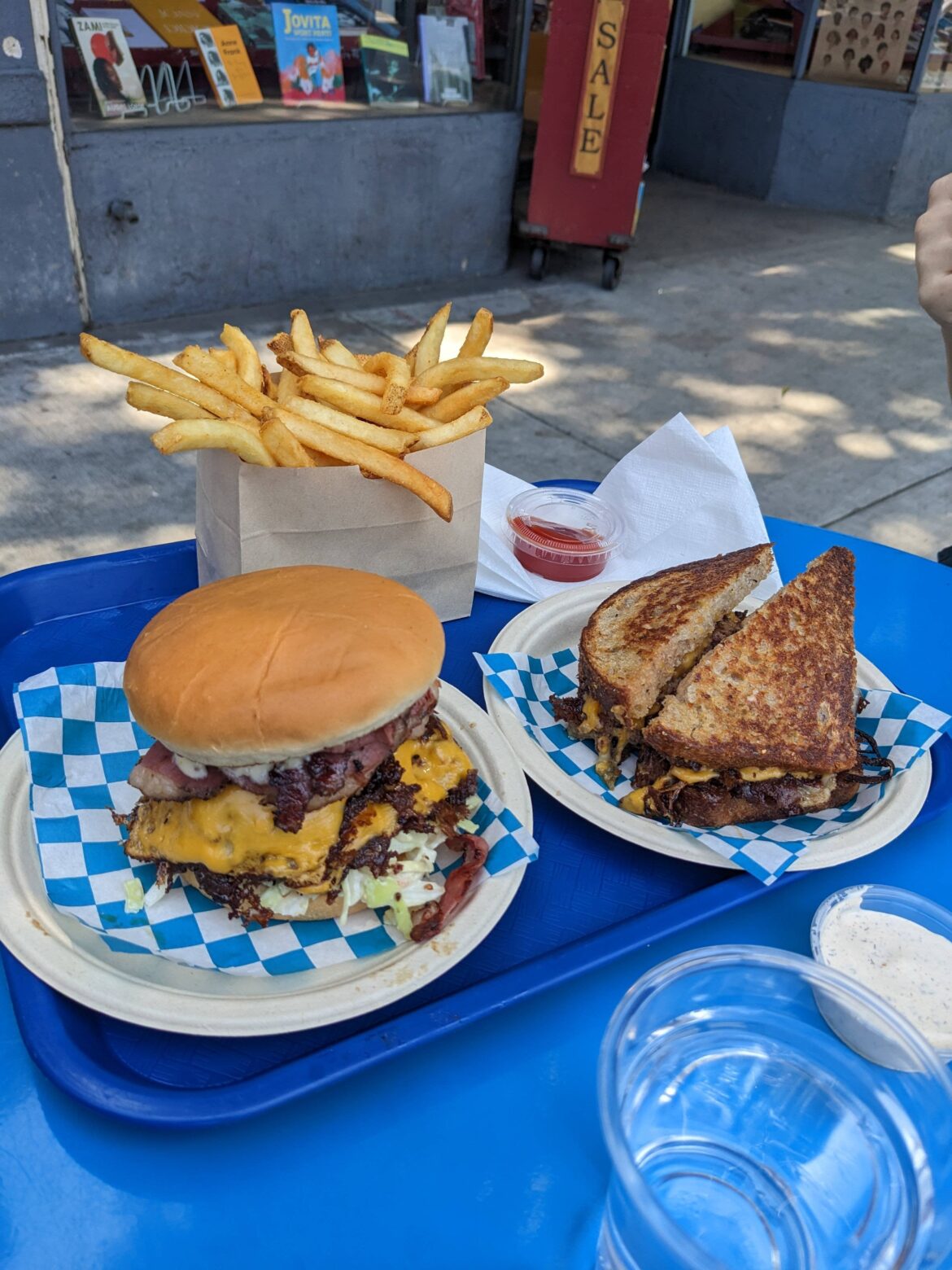 LA Special (double smash with pastrami and dijonaise slaw) and Patty Melt from Goldburger