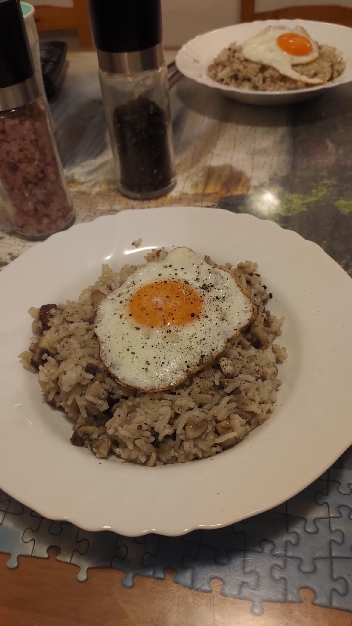 Had leftover fried mushroom rice. Put an egg on it